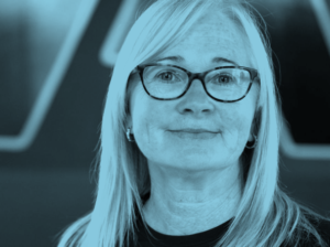 Blue-tinted headshot of Caroline Cunningham